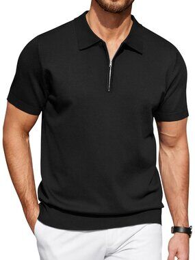 Men'sSolid- Black Zipper Polo Shirt Casual Knit Short Sleeve Classic Fit Tee Sty